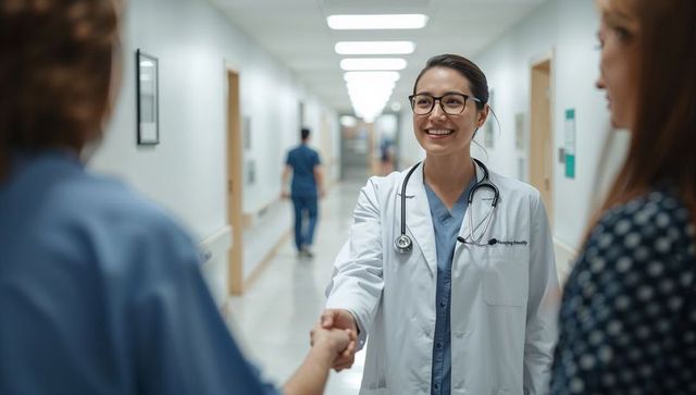 Smiling doctor extending hand for handshake in hospital corridor conveying trust and care