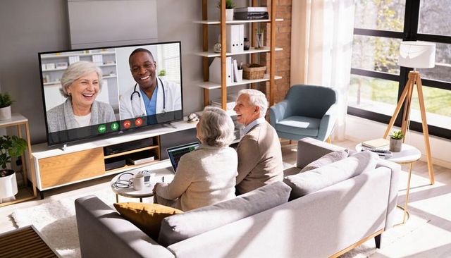 Senior couple joining virtual doctor visit on tv in sunlit living room, smiling while using laptop