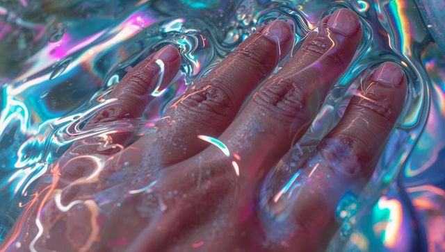 Pressing adult hand creating iridescent liquid ripples on reflective tabletop with neon highlights