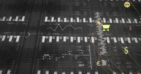 Visualizing financial analytics on dark grid with bar charts, line graphs and currency icons