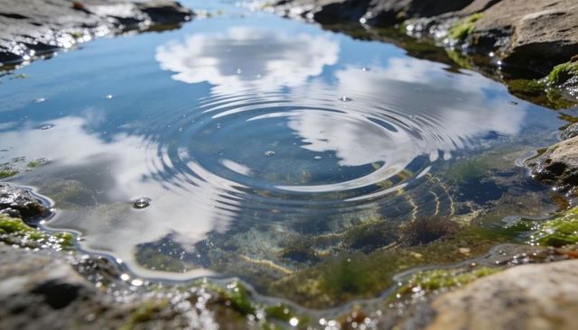 Cloud Reflection Ripples in Rocky Tide Pool with Seaweed and Clear Water