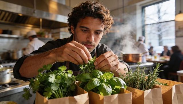 Chef arranging fresh herbs and packing into brown paper bags in busy restaurant kitchen