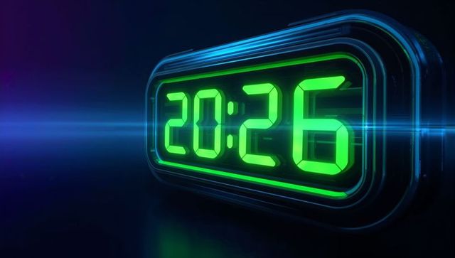 Neon green led digital clock displaying 20:26 with futuristic blue lens flare and reflection