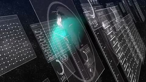 Futuristic Data Interface with Virtual World Map and Technology Elements