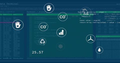 Futuristic Dashboard Display with Code and Sustainability Icons