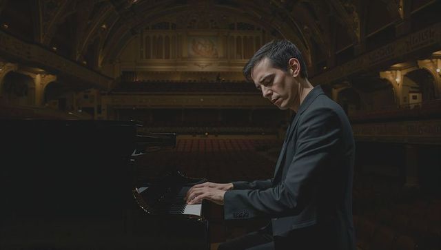 Playing concert pianist at glossy grand piano in ornate auditorium