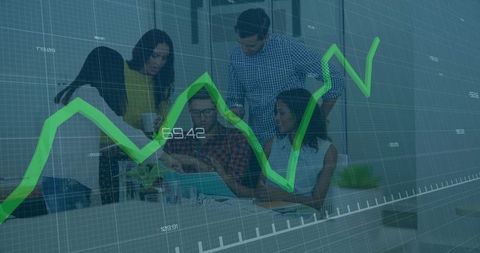 Business Team Analyzing Financial Data with Growing Line Graph Overlay