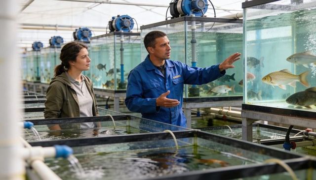Aquaculture technician explaining recirculating hatchery to trainee among carp tanks in greenhouse