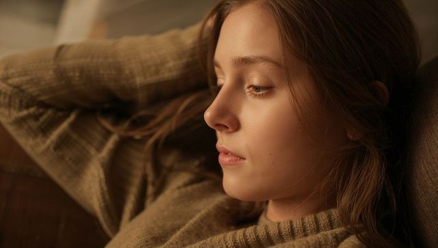 Contemplative young woman reclining on sofa in beige knit sweater, warm cozy profile