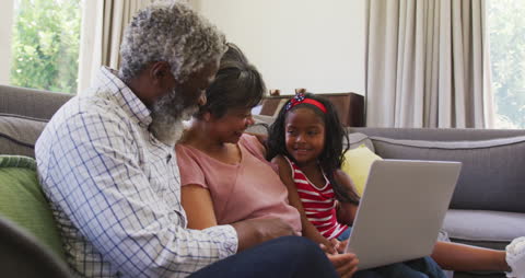 Grandparents Spending Time with Granddaughter Using Laptop on Couch