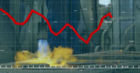 Industrial plasma torch emitting blue flame and orange plume with data graph overlay