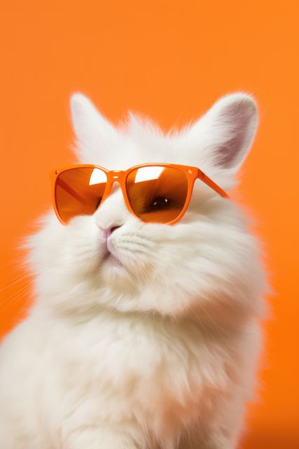 Rabbit wearing sunglasses on orange background, created using generative ai technology. Rabbit, animal, summer and vacation concept digitally generated image.