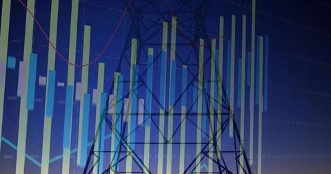 Energy grid data overlaying high-voltage transmission tower at dusk with financial charts