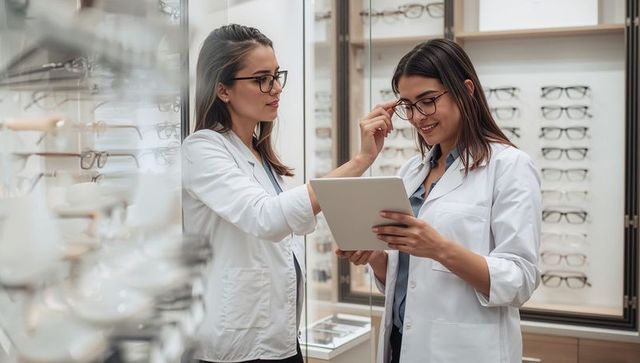 Optical team consulting and adjusting eyeglasses while checking tablet in eyewear showroom
