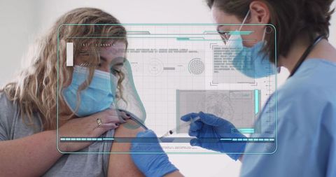 Nurse administering vaccine to masked patient with futuristic hud overlay in clinic