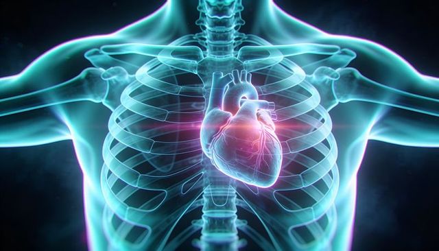 Glowing 3D Medical Illustration of Human Heart within Transparent Rib Cage and Thorax