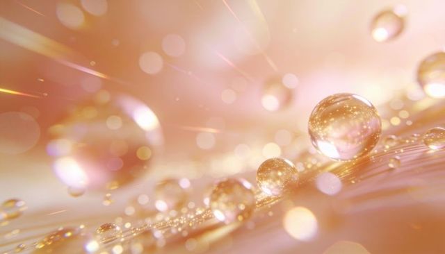 Glittering rose gold droplets resting on feather fibers with luminous bokeh