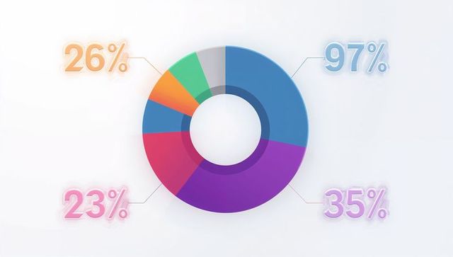 Displaying centered 3d donut chart with glossy multicolor ring and percentage callouts