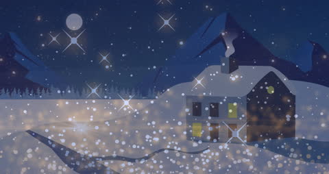 Magical Winter Night Scene with Cozy House Under Falling Snow