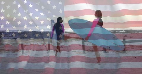 Patriotic Surfing Scene with American Flag Overlay