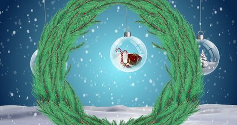 Festive Wreath and Baubles on Snowy Winterland