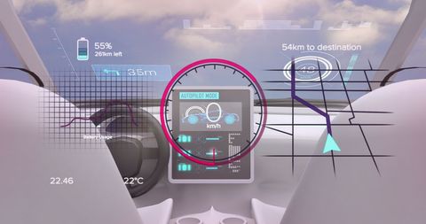 Futuristic Car Dashboard Displaying Autopilot and Navigation