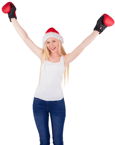 Festive Blond Woman with Boxing Gloves Celebrating