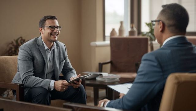 Smiling professional holding tablet during business consultation with colleague in office