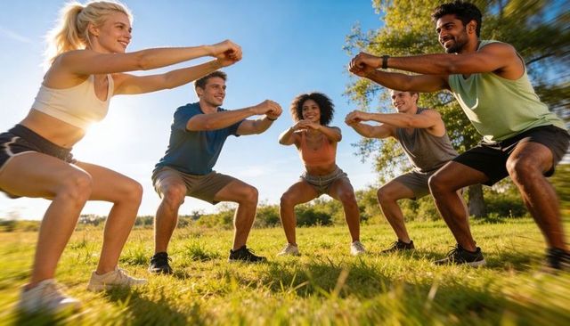 Outdoor group fitness squatting session in park with diverse young adults