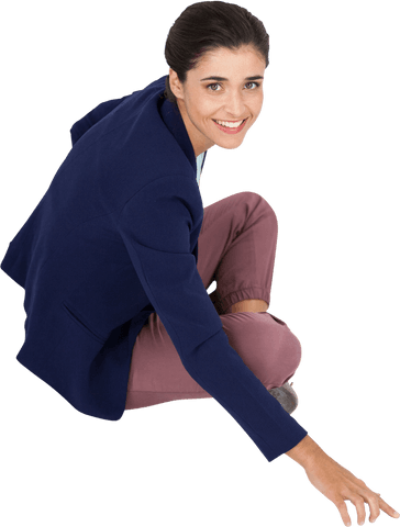 Transparent Businesswoman Smiling while Sitting Gracefully
