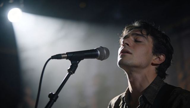 Male vocalist leaning into microphone, singing under spotlight with stage haze in intimate club