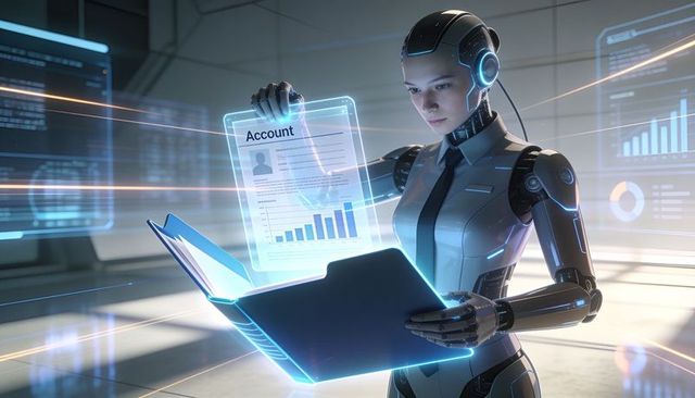 Futuristic android analyzing holographic account data and glowing digital folder