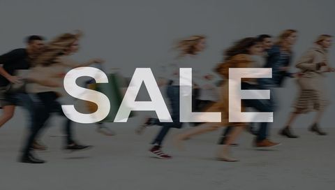 Rushing Shoppers Charging Through Studio with Bold SALE Overlay and Shopping Bags
