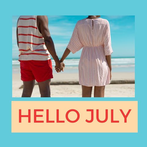Couple Holding Hands on Sunny Beach with Hello July Greeting