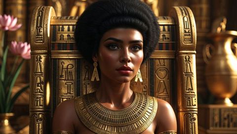 Regal egyptian woman in luxurious throne room with gold adornments