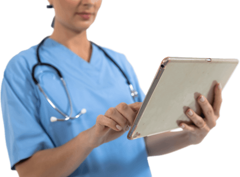 Healthcare Professional Interacting with Transparent Tablet