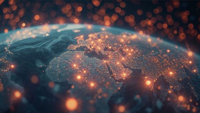 Futuristic Global Network Visualization with Glowing Nodes and Bokeh Spheres