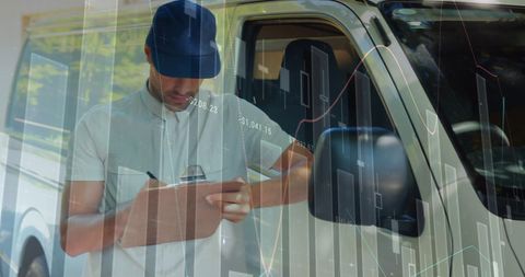 Courier Checking Deliveries with Financial Data Overlay