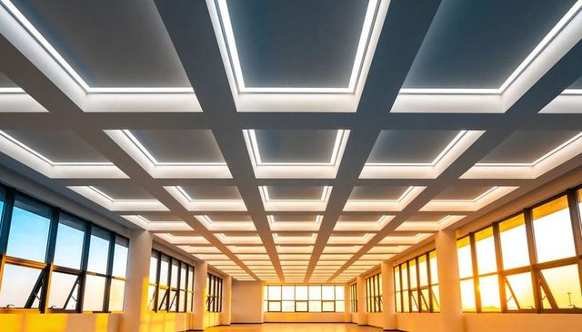 Sunlit empty office interior featuring coffered led ceiling, pivot windows, polished floor