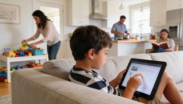 Child using tablet on couch while family cooking, reading and sorting toys at home
