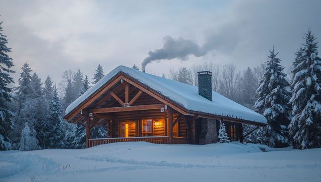 Cozy log cabin nestled in snowy forest at twilight with warm amber glow and chimney smoke