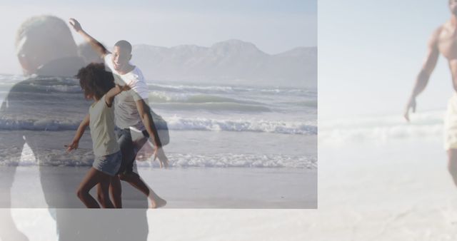 Father and daughter enjoying joyful moments while dancing on a beach. Gentle waves and clear sunny sky in the background reflect happiness and relaxation. Perfect for use in family-oriented advertising, travel brochures, summer vacation promotions, and lifestyle blogs focused on bonding and outdoor activities.