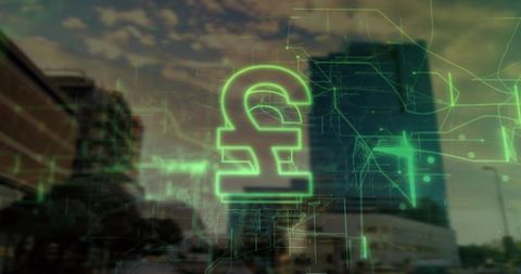 Neon green pound symbol hovering over futuristic city with digital network overlay