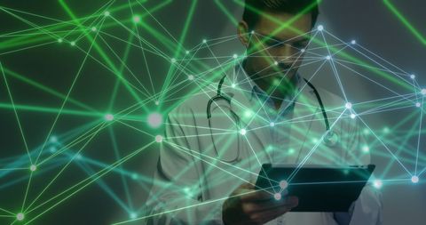 Doctor Using Tablet with Digital Network Connections Overlay
