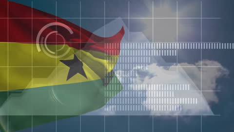 Ghana Flag with Financial Data and Digital Graphics Overlaid