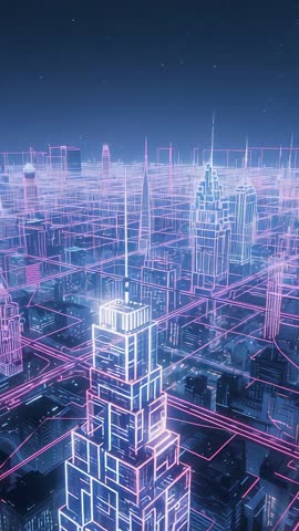 Lifting Drone Revealing Neon Tower Over Pulsing Cyberpunk Grid Under Starry Night Sky