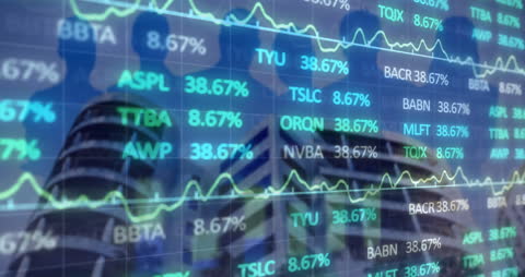 Stock Market Data Overlaid on Cityscape Background
