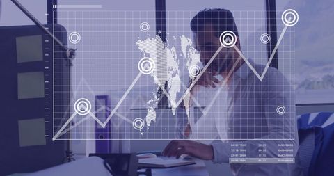 Businessman Analyzing Data with Digital Global Chart Overlay