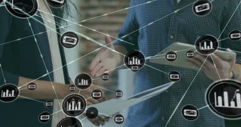 Business Colleagues Using Digital Devices with Network Overlay