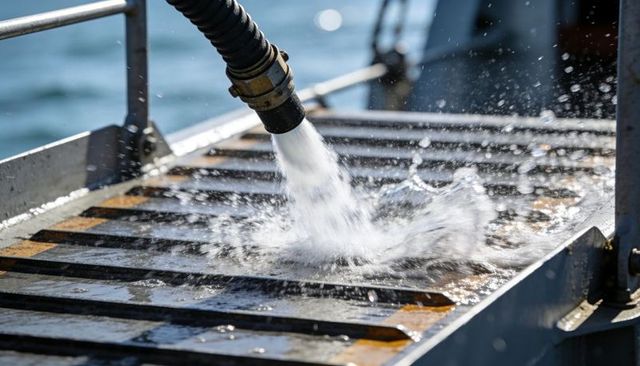 High-pressure water jet from marine hose splashing on rusted metal grate on dock deck